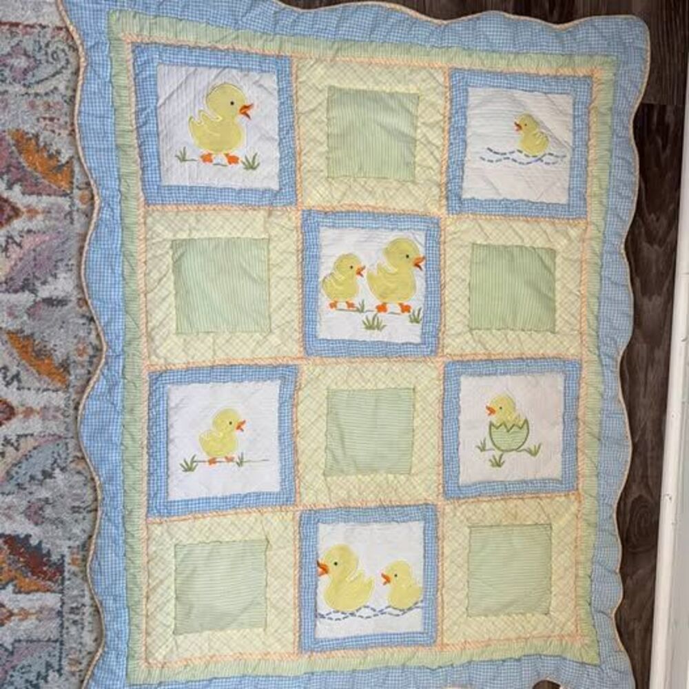 Vintage Blue and Yellow Duckling Baby Quilt